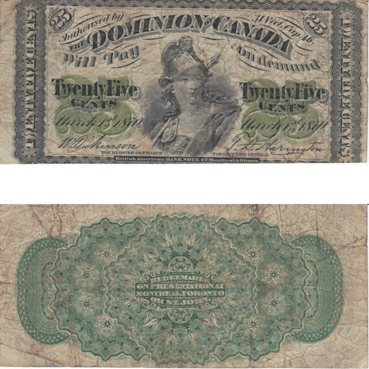 DC-1c 1870 Dominion 25 cent Shinplaster Dickinson-Harington, Plain Series, VG-F