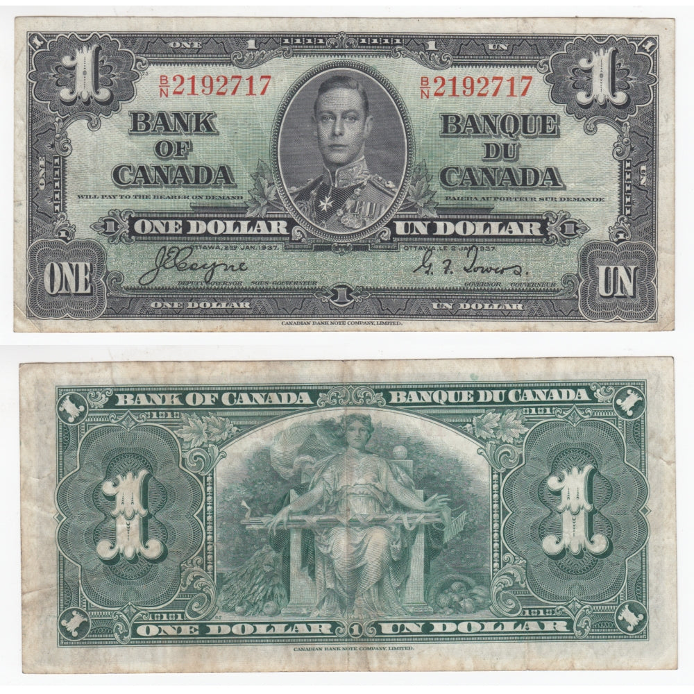 BC-21d 1937 Canada $1 Coyne-Towers, B/N, VF-EF