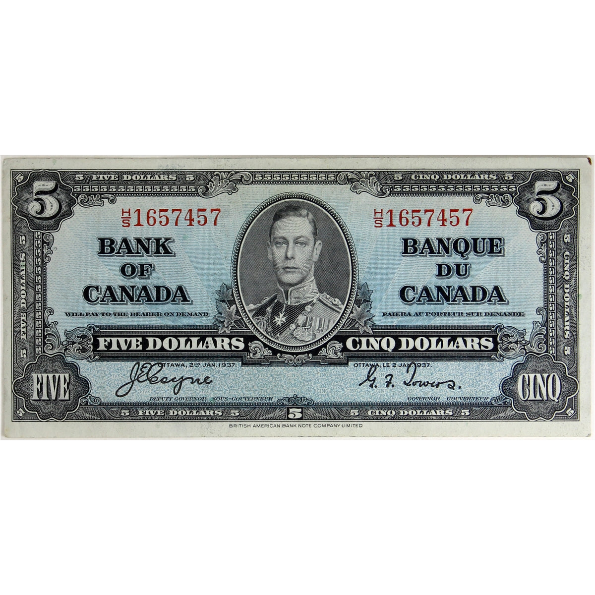 BC-23c 1937 Canada $5 Coyne-Towers, H/S, AU