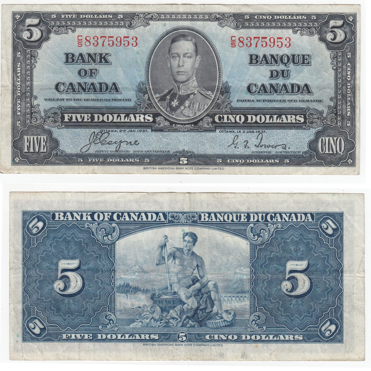 BC-23c 1937 Canada $5 Coyne-Towers, C/S, Very Fine (VF20)