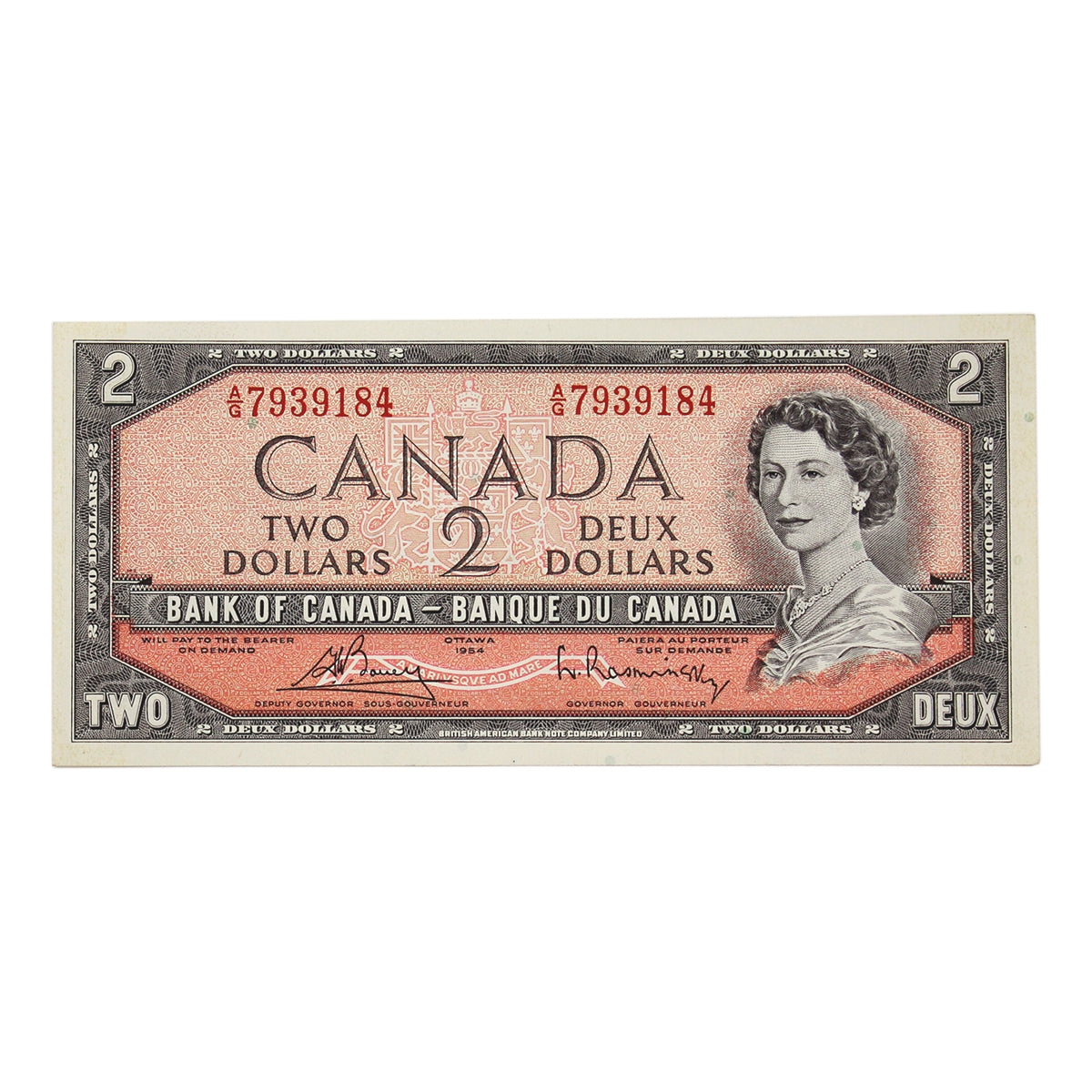 BC-38c 1954 Canada $2 Bouey-Rasminsky, A/G, AU-UNC