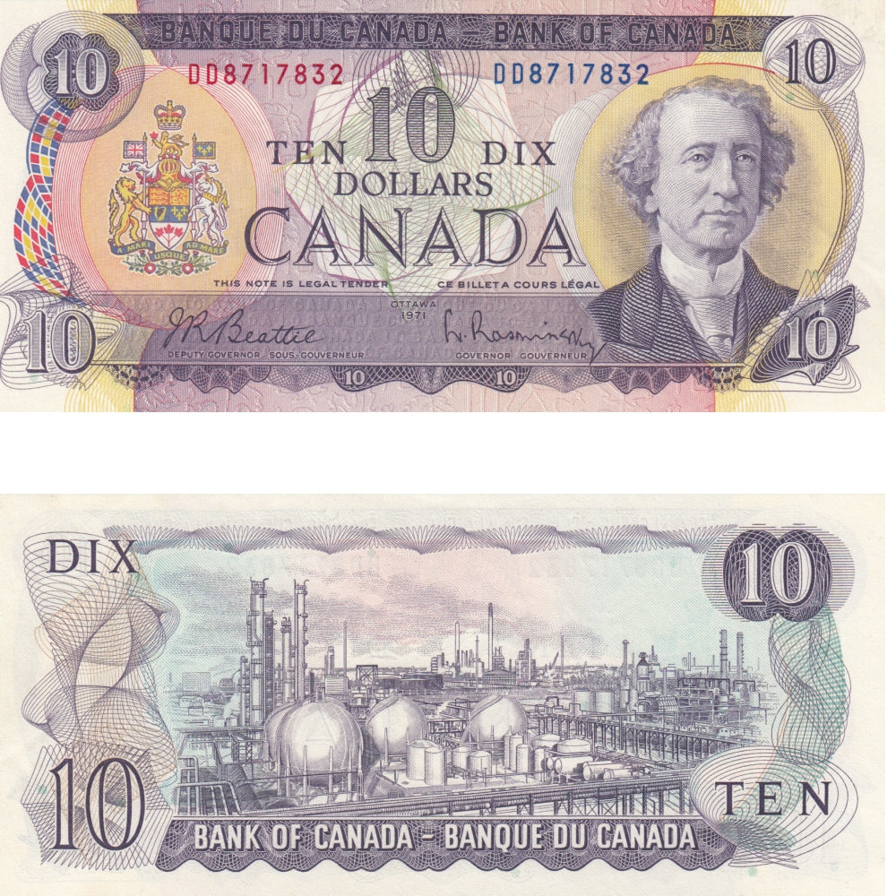 BC-49a 1971 Canada $10 Beattie-Rasminsky, DD, AU-UNC (AU55)