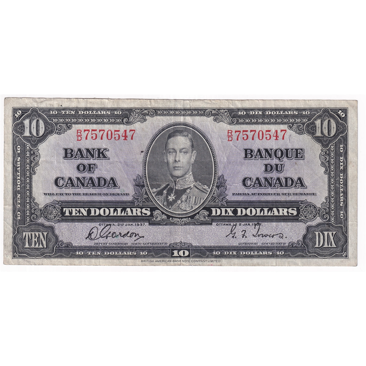 BC-24b 1937 Canada $10 Gordon-Towers, R/D, F-VF