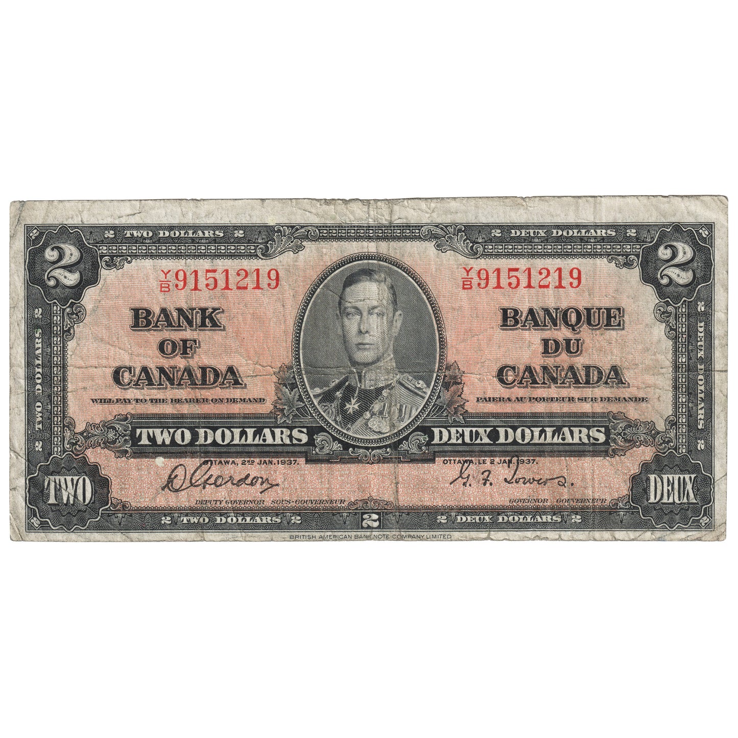 BC-22b 1937 Canada $2 Gordon-Towers, Y/B, VG