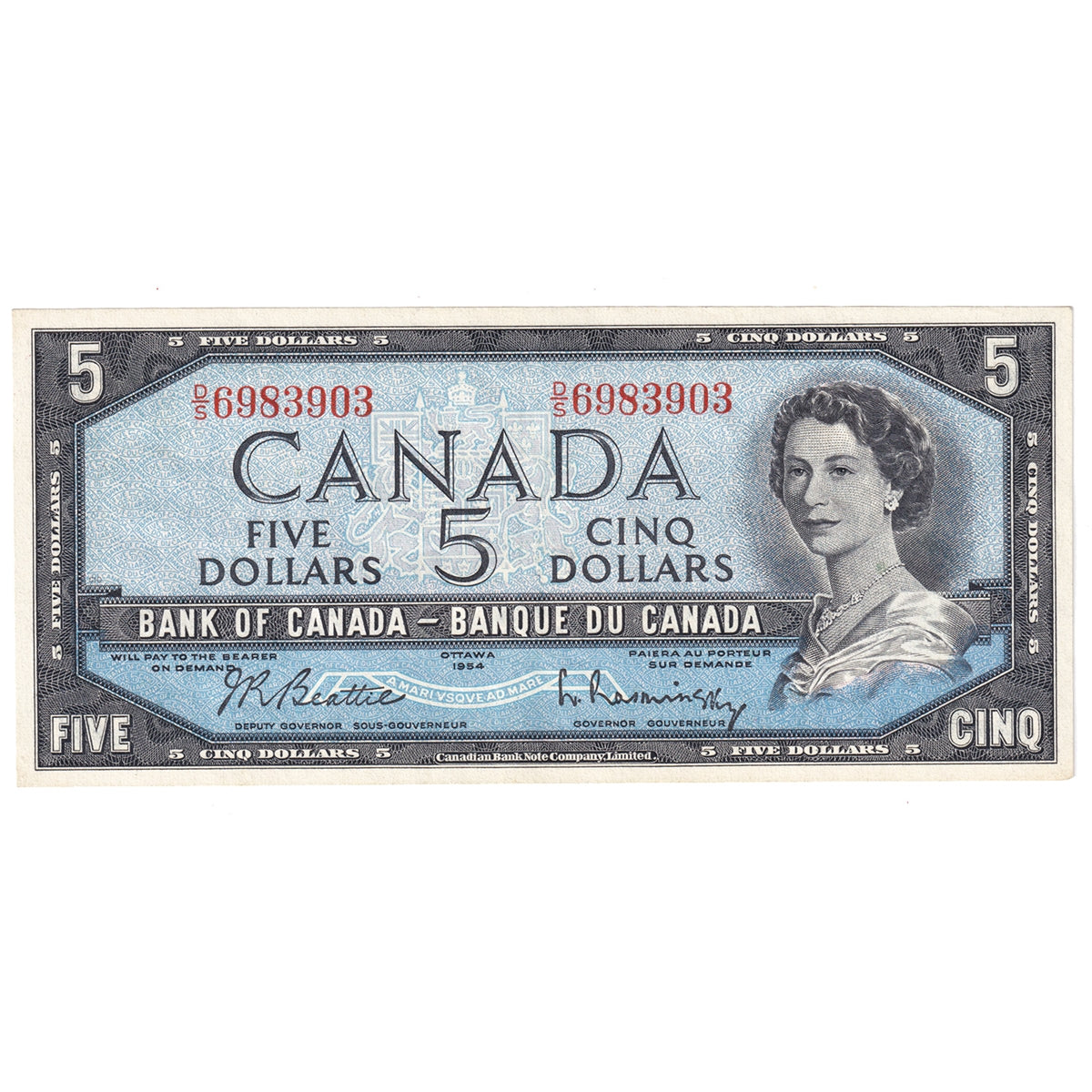 BC-39b 1954 Canada $5 Beattie-Rasminsky, D/S, AU