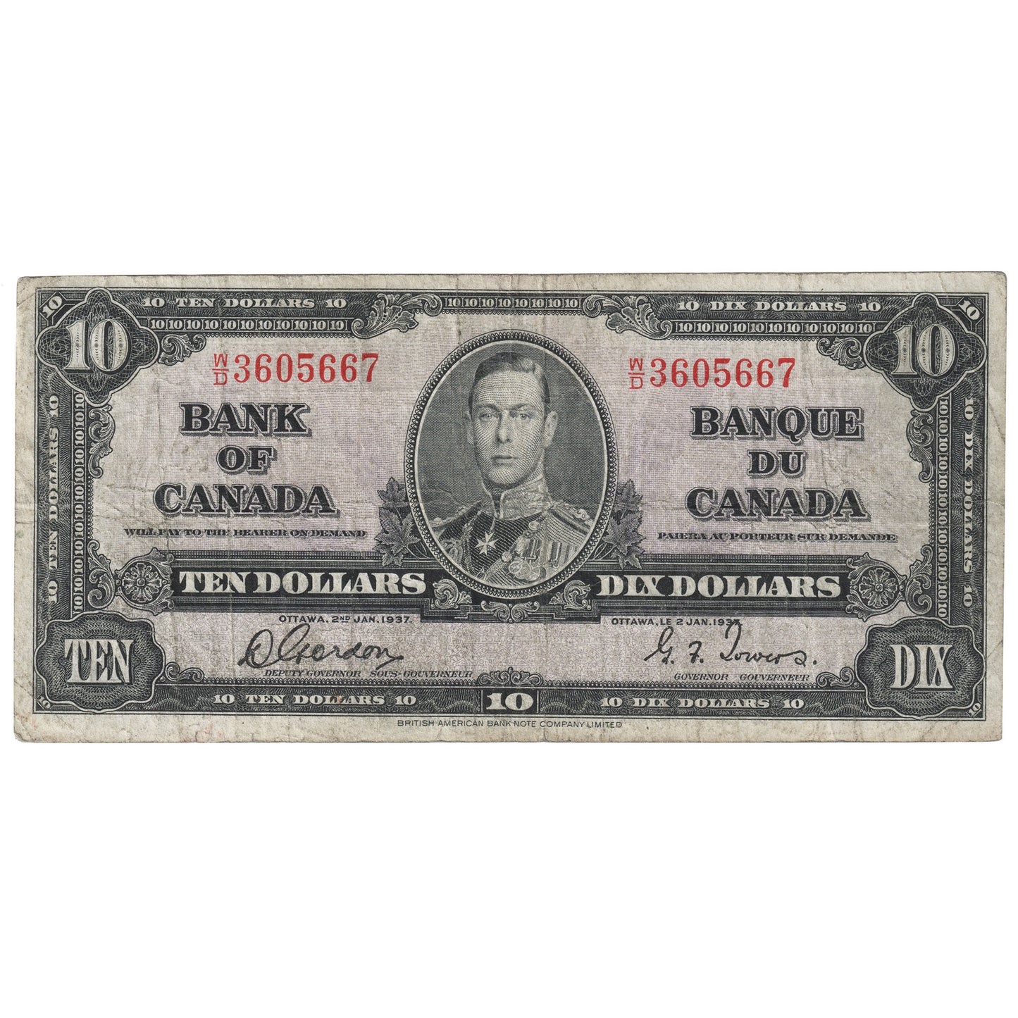 BC-24b 1937 Canada $10 Gordon-Towers, W/D, VG-F
