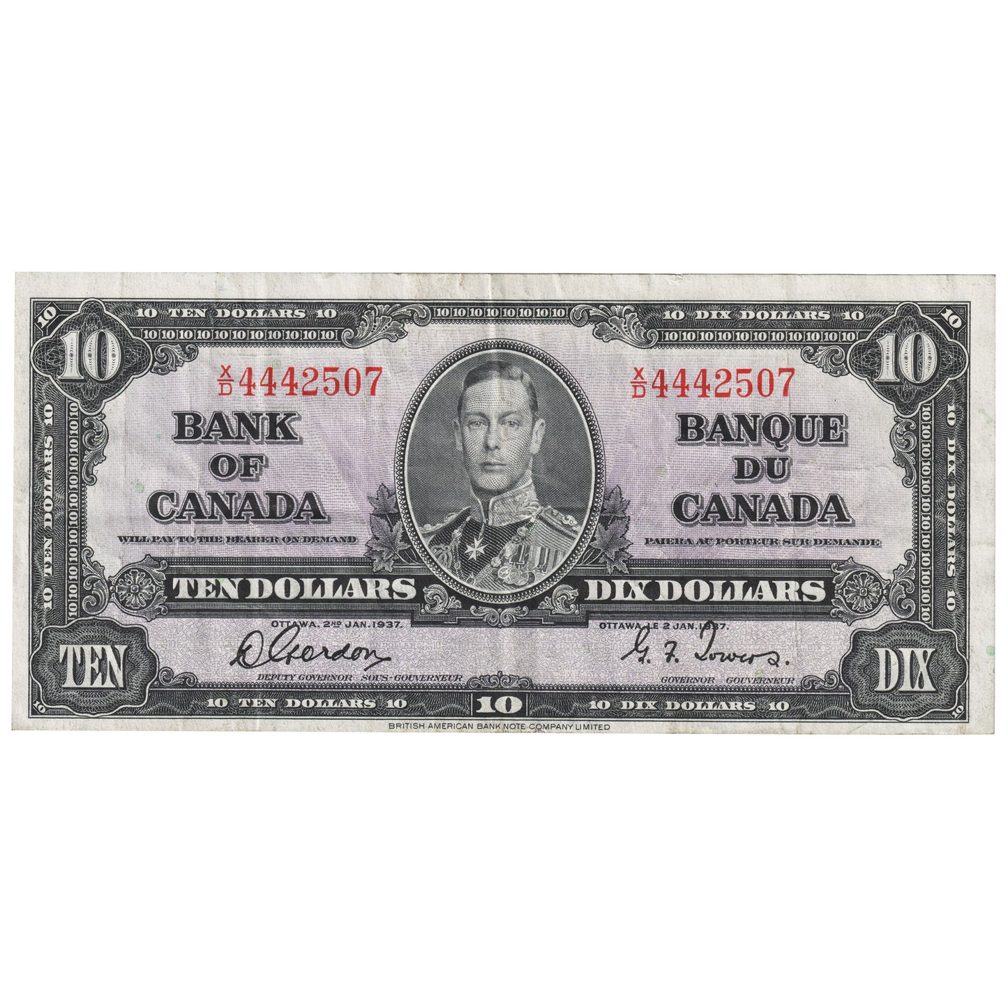 BC-24b 1937 Canada $10 Gordon-Towers, X/D, VF-EF