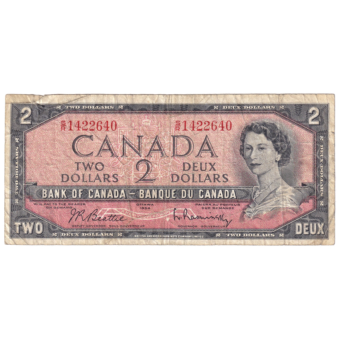 BC-38bT 1954 Canada $2 Beattie-Rasminsky, S/R, Test Note, F