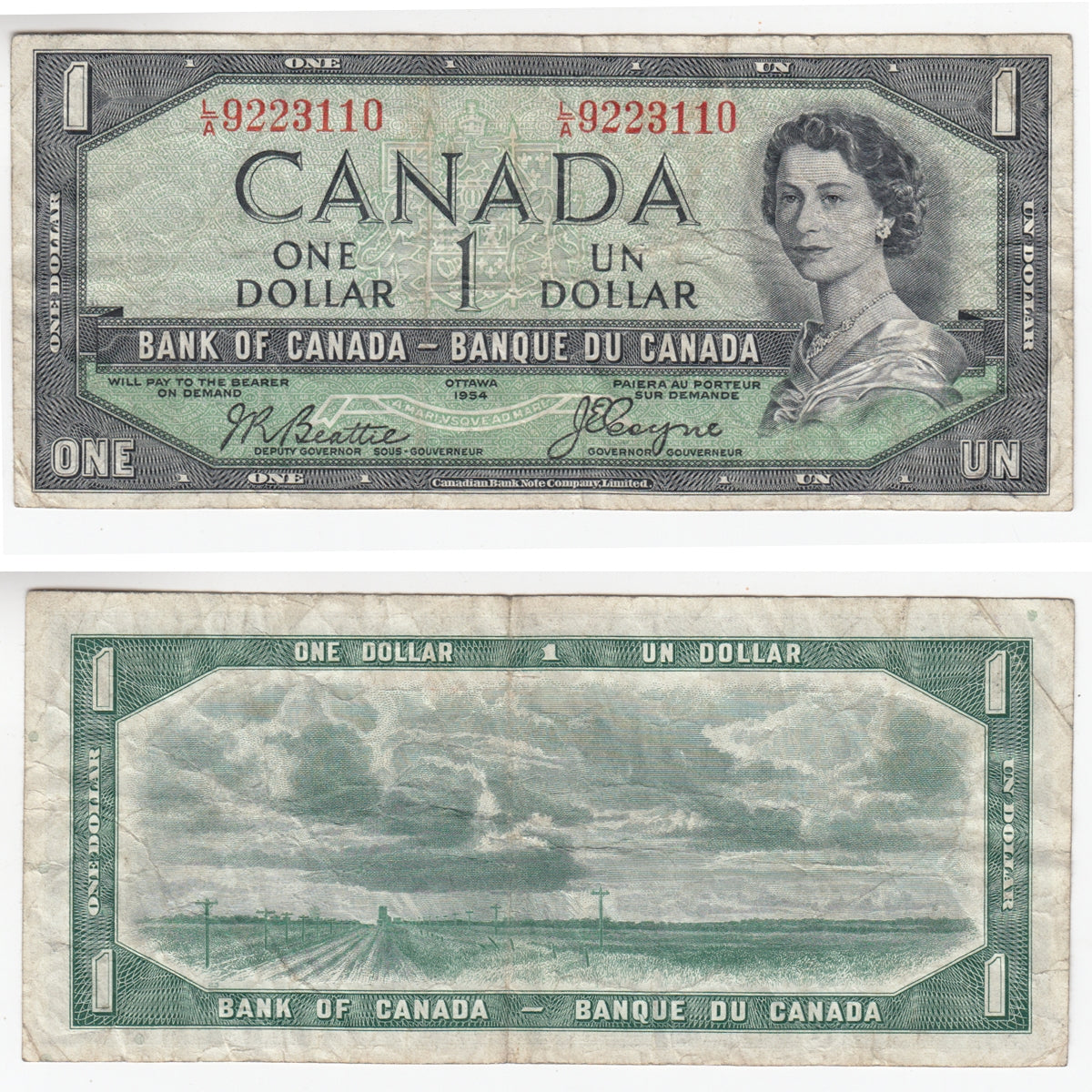 BC-29b 1954 Canada $1 Beattie-Coyne, Devil's Face, L/A, Very Fine (VF20)
