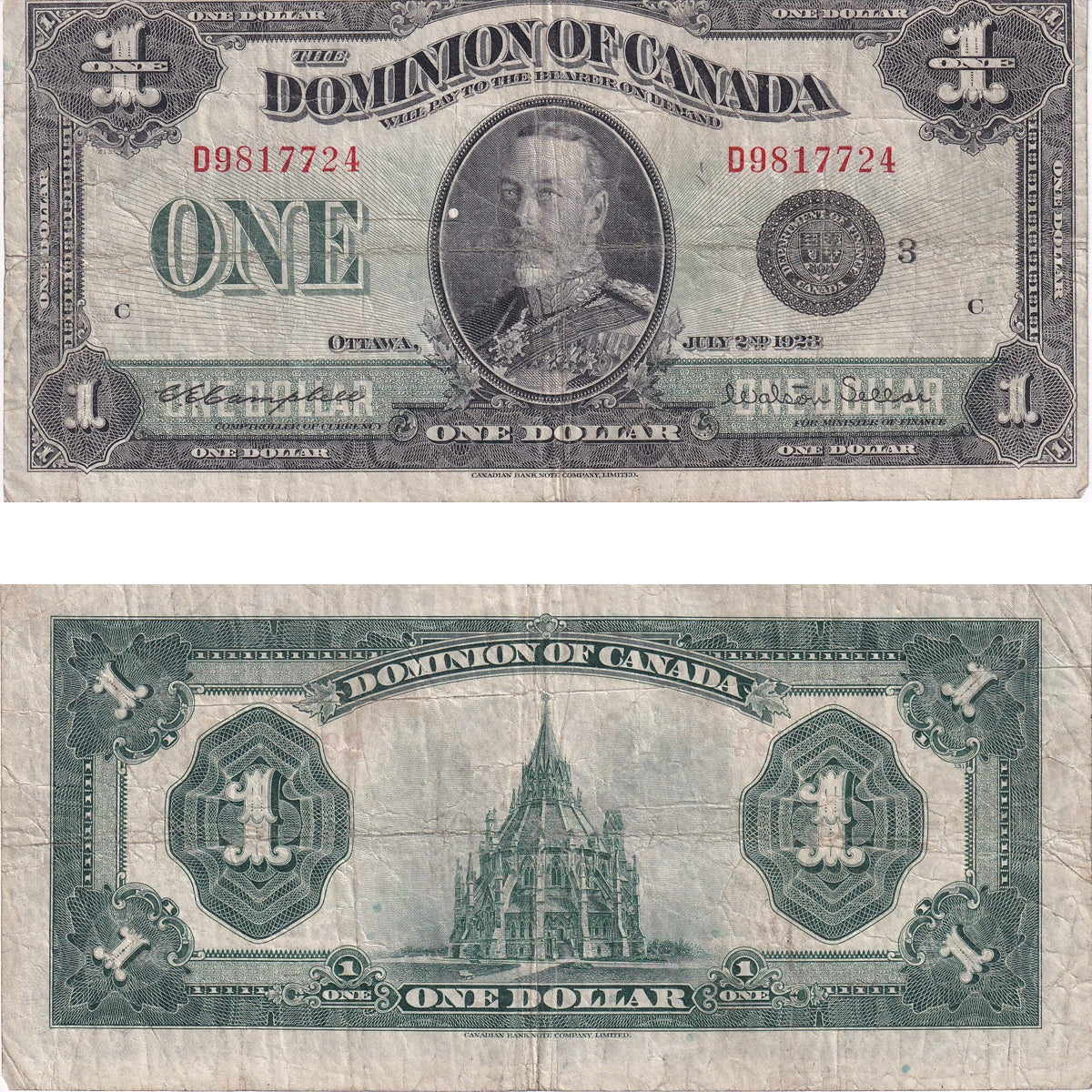 DC-25n 1923 Dominion $1 Campbell-Sellar, Black Seal, Group 3, Fine (F12)