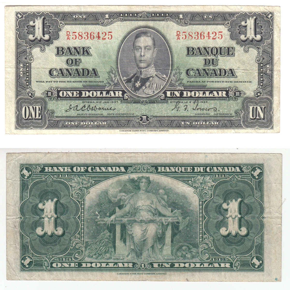 BC-21a 1937 Canada $1 Osborne-Towers, D/A, Very Fine (VF20)