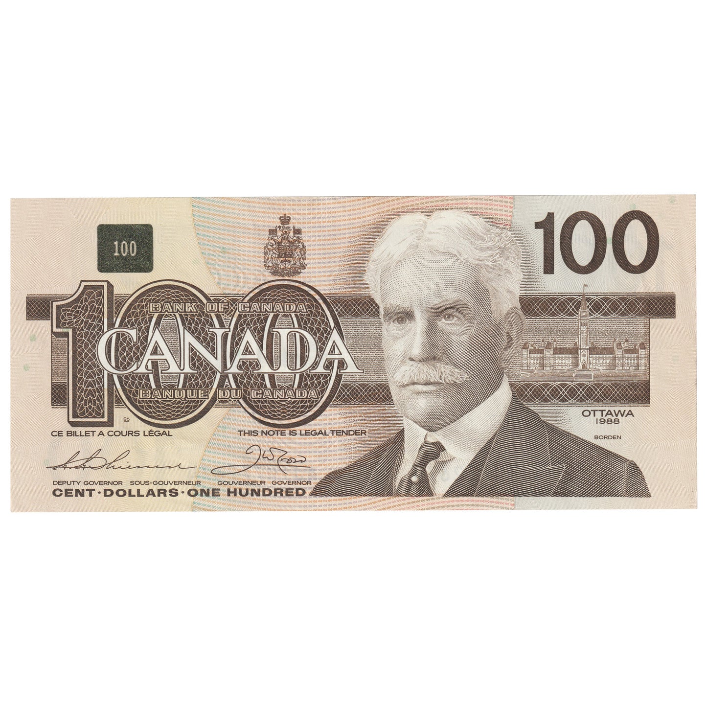 BC-60a 1988 Canada $100 Thiessen-Crow, AJT, Almost Uncirculated (AU50)