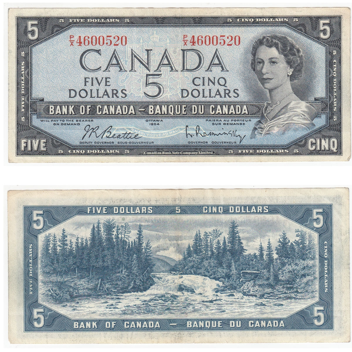 BC-39b 1954 Canada $5 Beattie-Rasminsky, P/X, VF