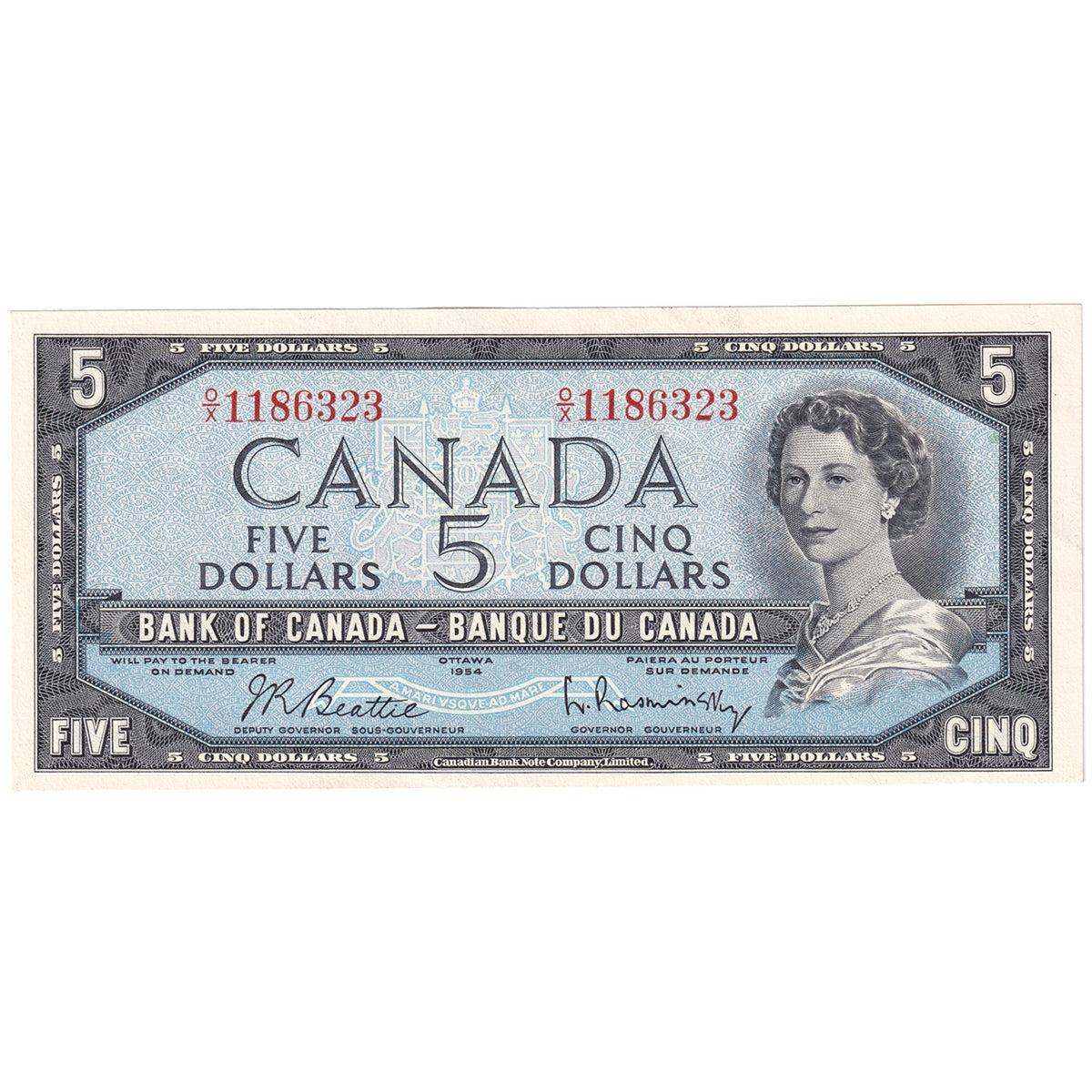 BC-39b 1954 Canada $5 Beattie-Rasminsky, O/X, AU-UNC