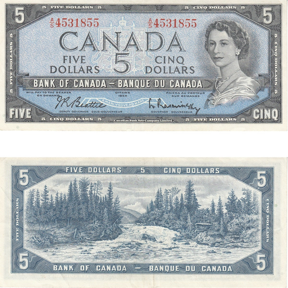 BC-39b 1954 Canada $5 Beattie-Rasminsky, A/S, Extra Fine (EF40)