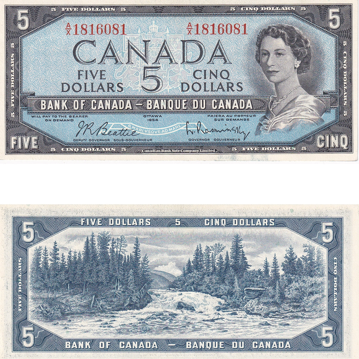 BC-39b 1954 Canada $5 Beattie-Rasminsky, A/X, AU-UNC (AU55)
