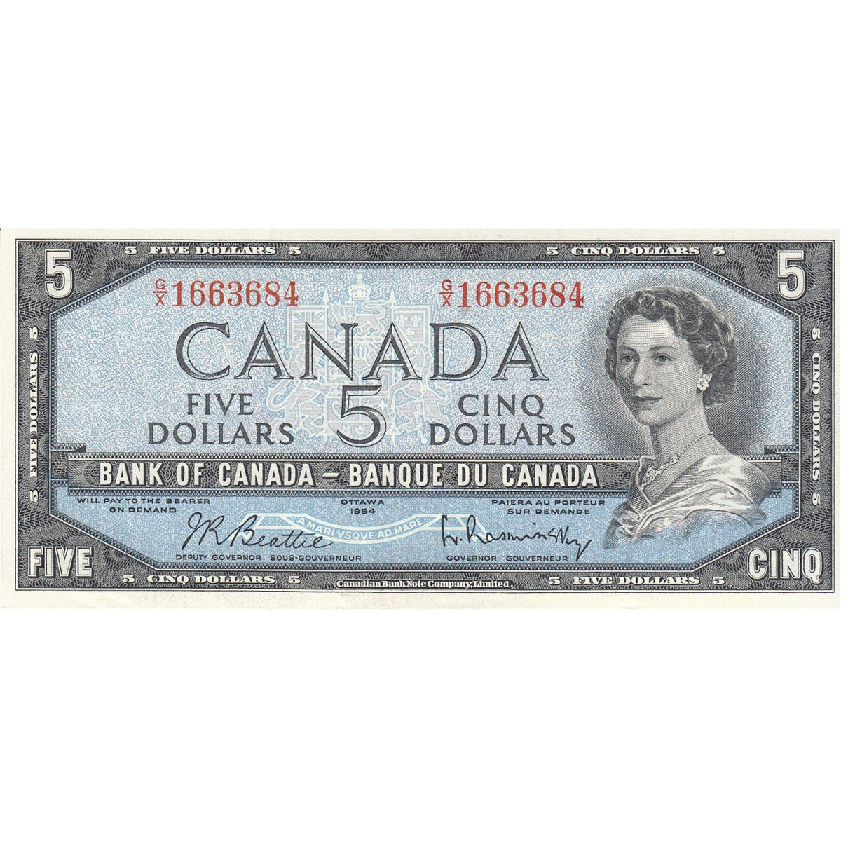 BC-39b 1954 Canada $5 Beattie-Rasminsky, G/X, AU-UNC