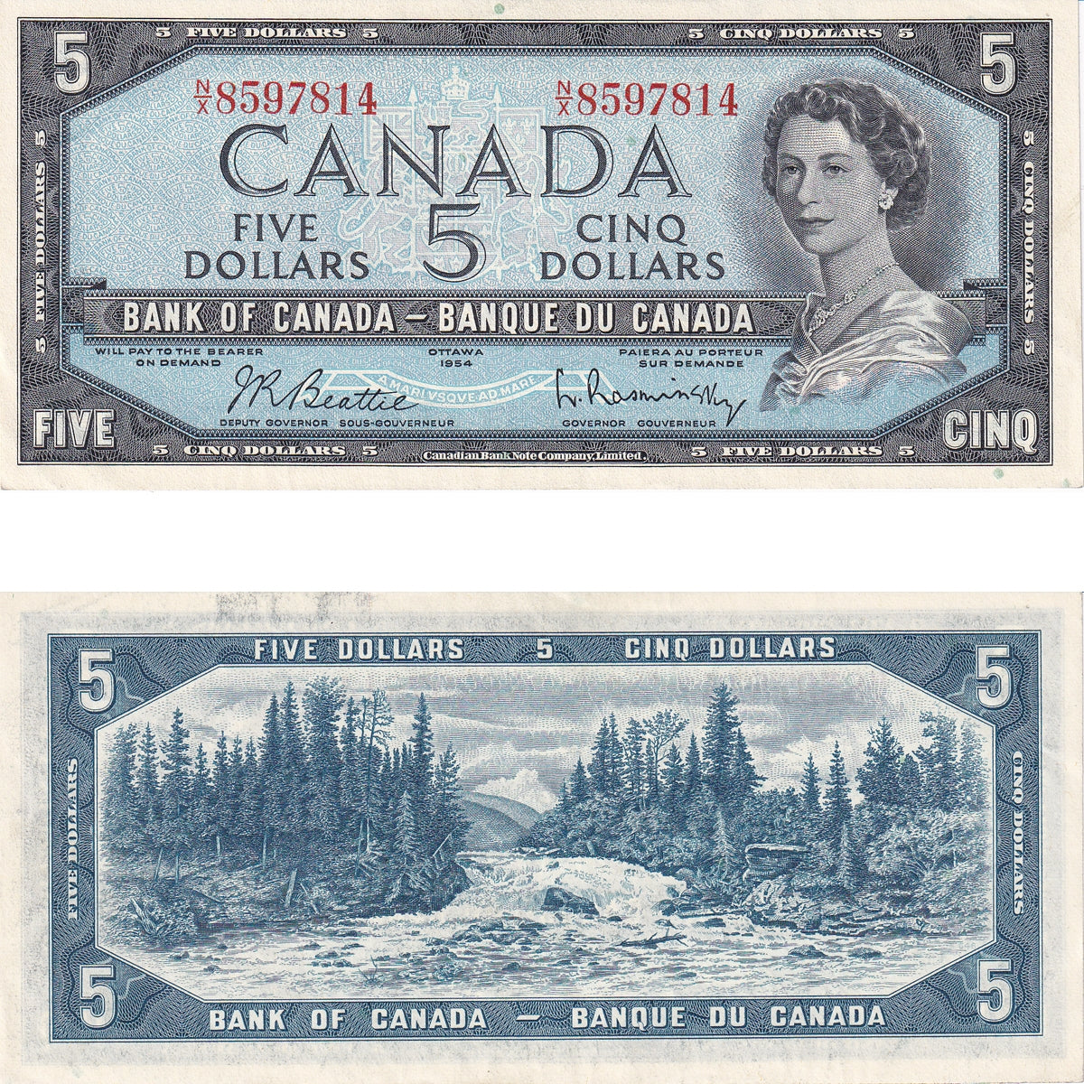 BC-39b 1954 Canada $5 Beattie-Rasminsky, N/X, AU-UNC (AU55)