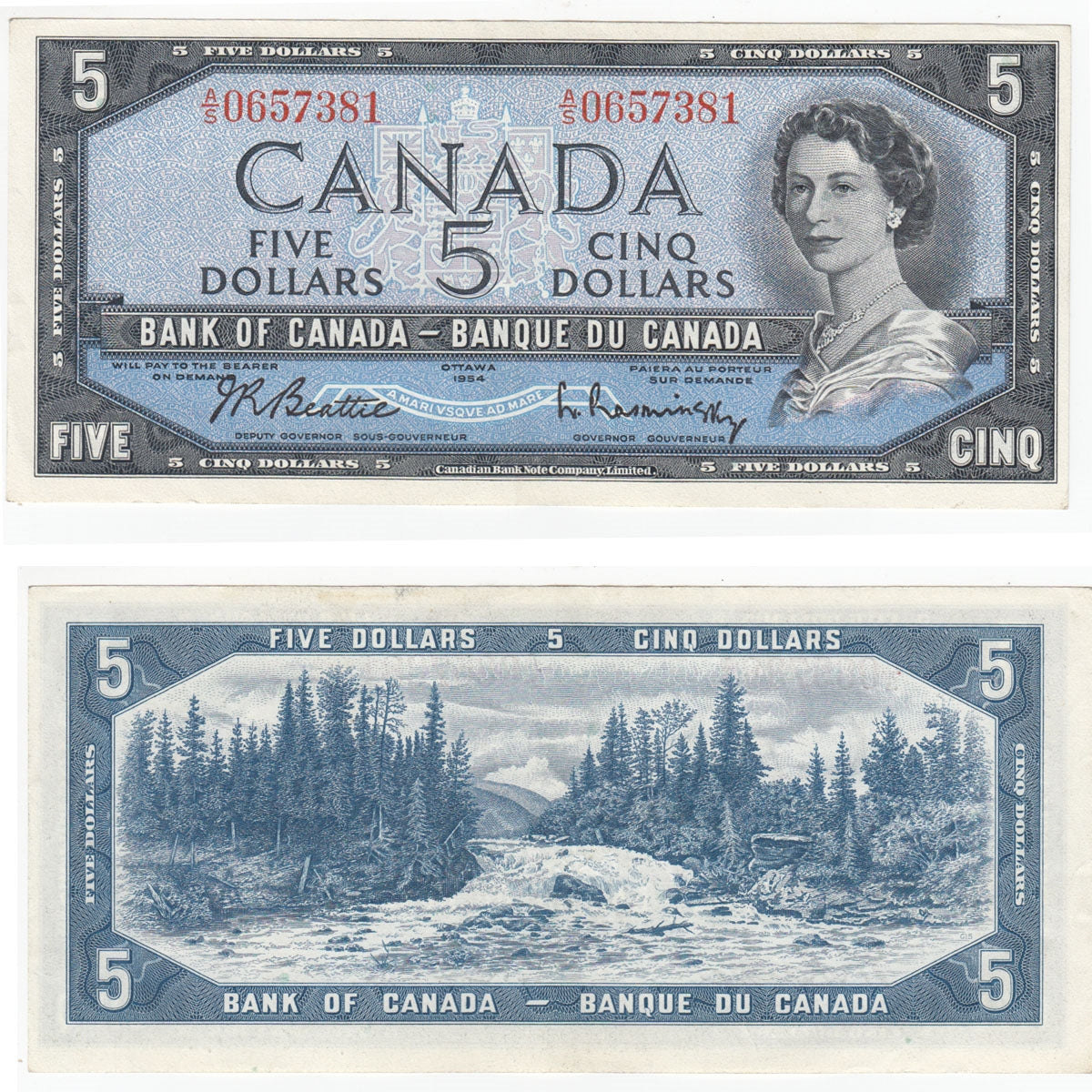 BC-39b 1954 Canada $5 Beattie-Rasminsky, A/S, Almost Uncirculated (AU50)