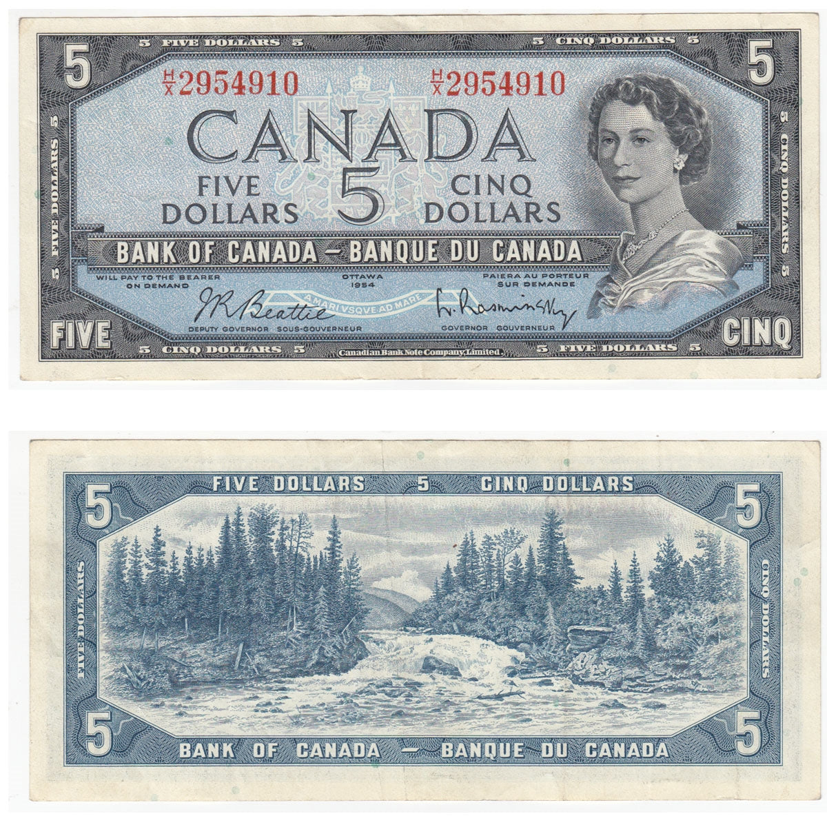 BC-39b 1954 Canada $5 Beattie-Rasminsky, H/X, Very Fine (VF20)