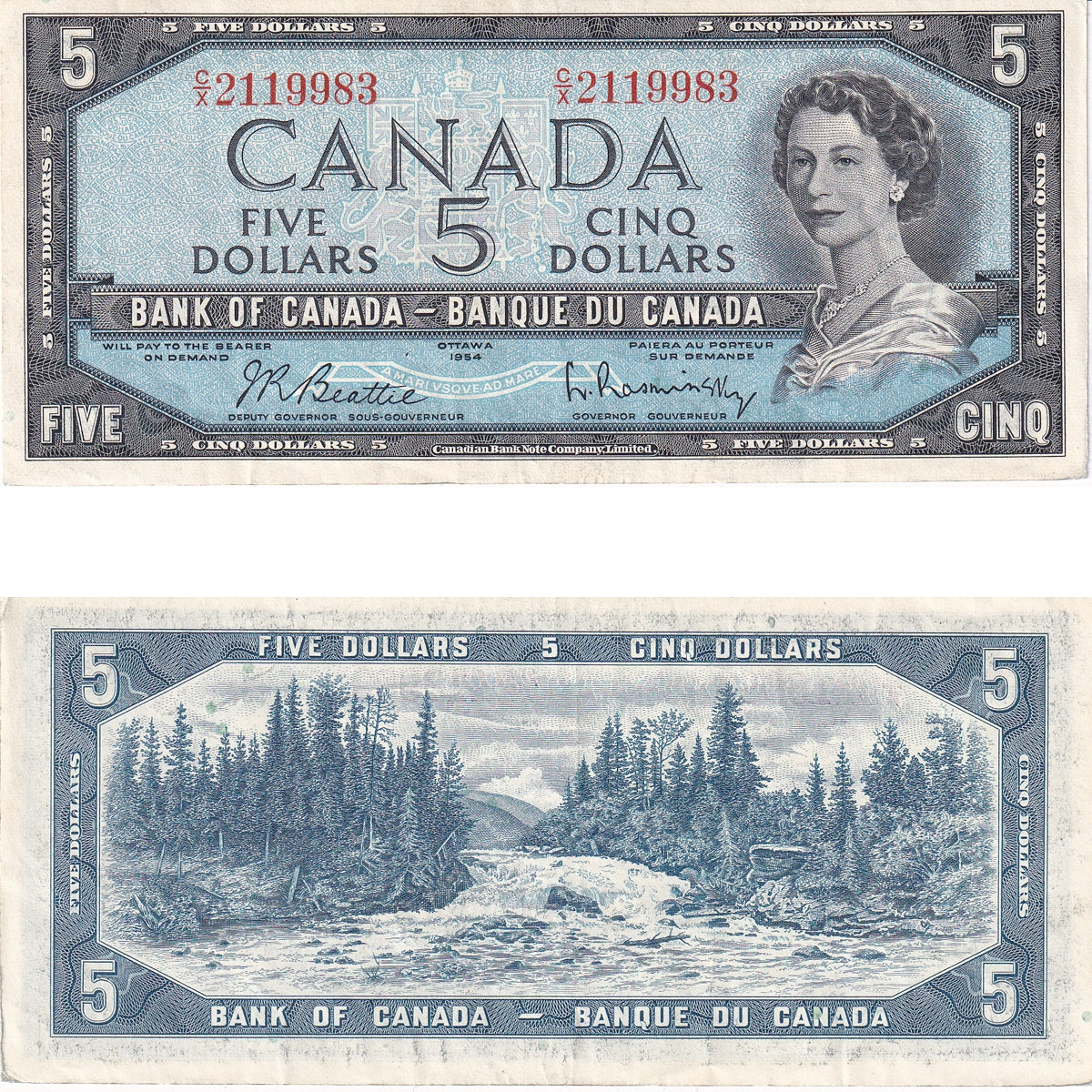 BC-39b 1954 Canada $5 Beattie-Rasminsky, C/X, Extra Fine (EF40)