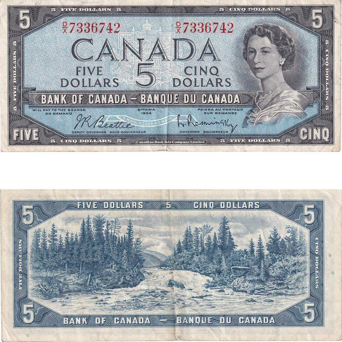 BC-39b 1954 Canada $5 Beattie-Rasminsky, D/X, Extra Fine (EF40)
