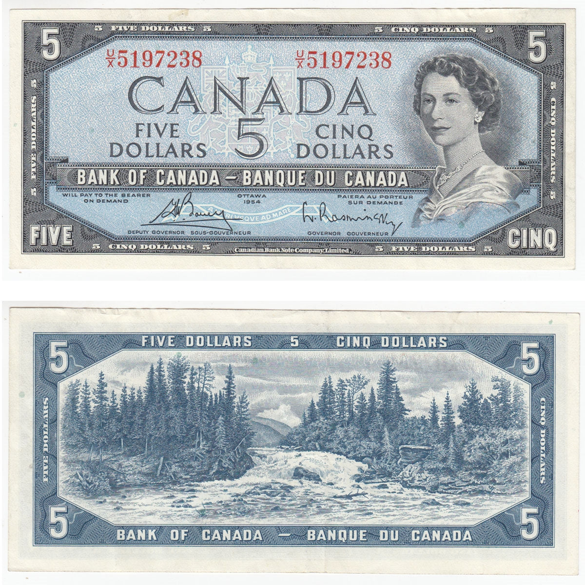 BC-39c 1954 Canada $5 Bouey-Rasminsky, U/X, Extra Fine (EF40)