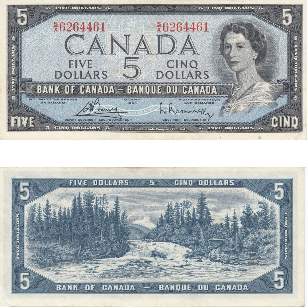 BC-39c 1954 Canada $5 Bouey-Rasminsky, S/X, Almost Uncirculated (AU50)
