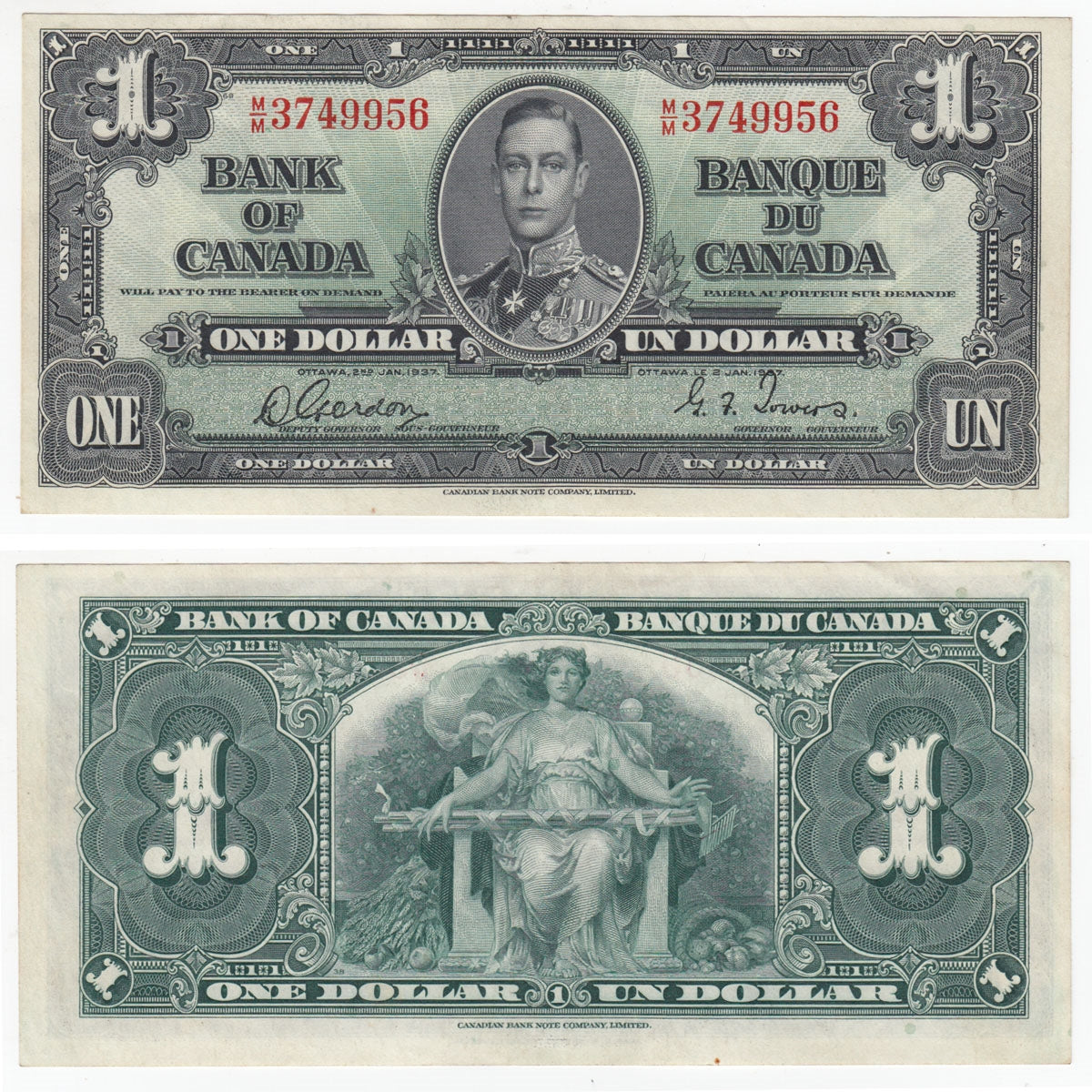 BC-21c 1937 Canada $1 Gordon-Towers, M/M, Almost Uncirculated (AU50)