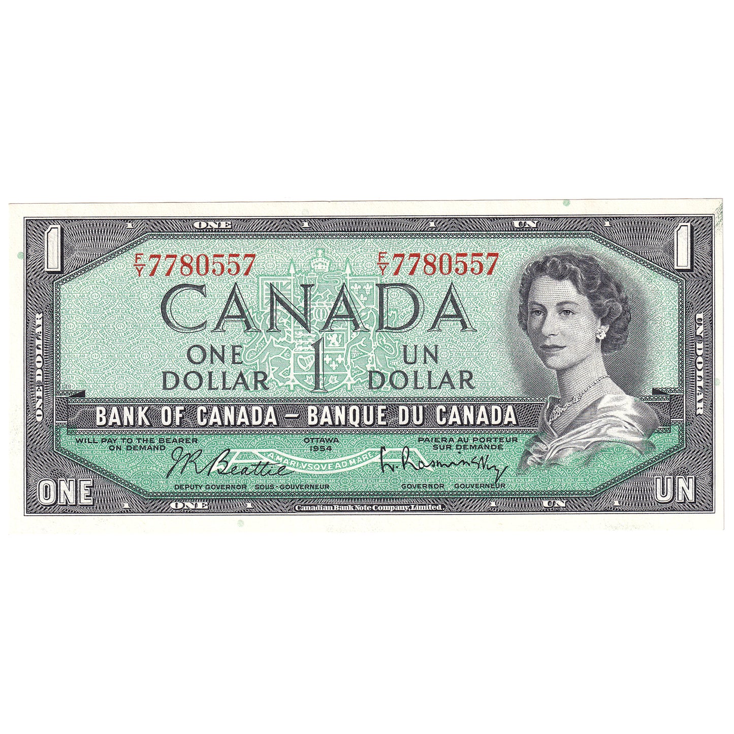 BC-37b 1954 Canada $1 Beattie-Rasminsky, F/Y, CUNC
