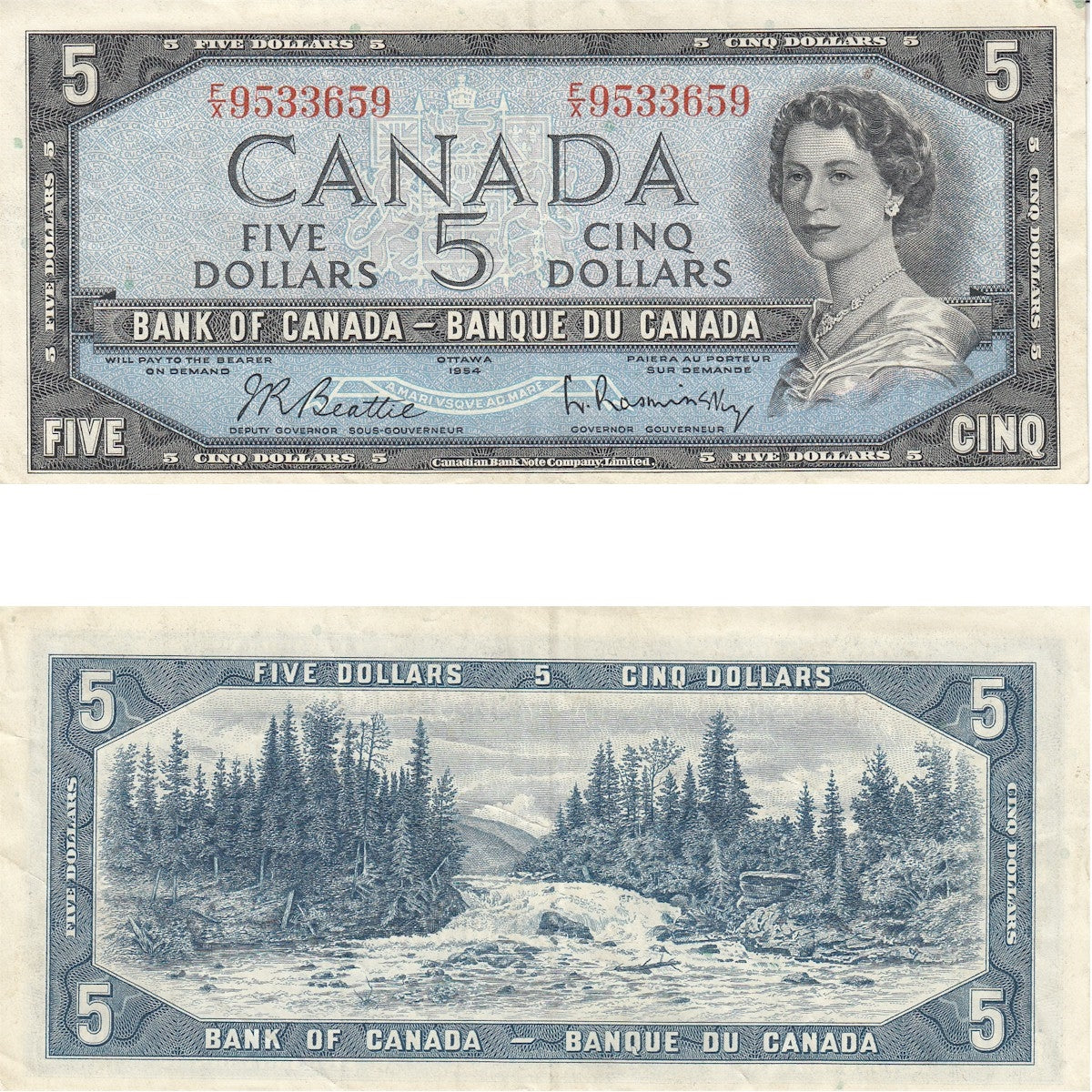 BC-39b 1954 Canada $5 Beattie-Rasminsky, F/X, Very Fine (VF20)