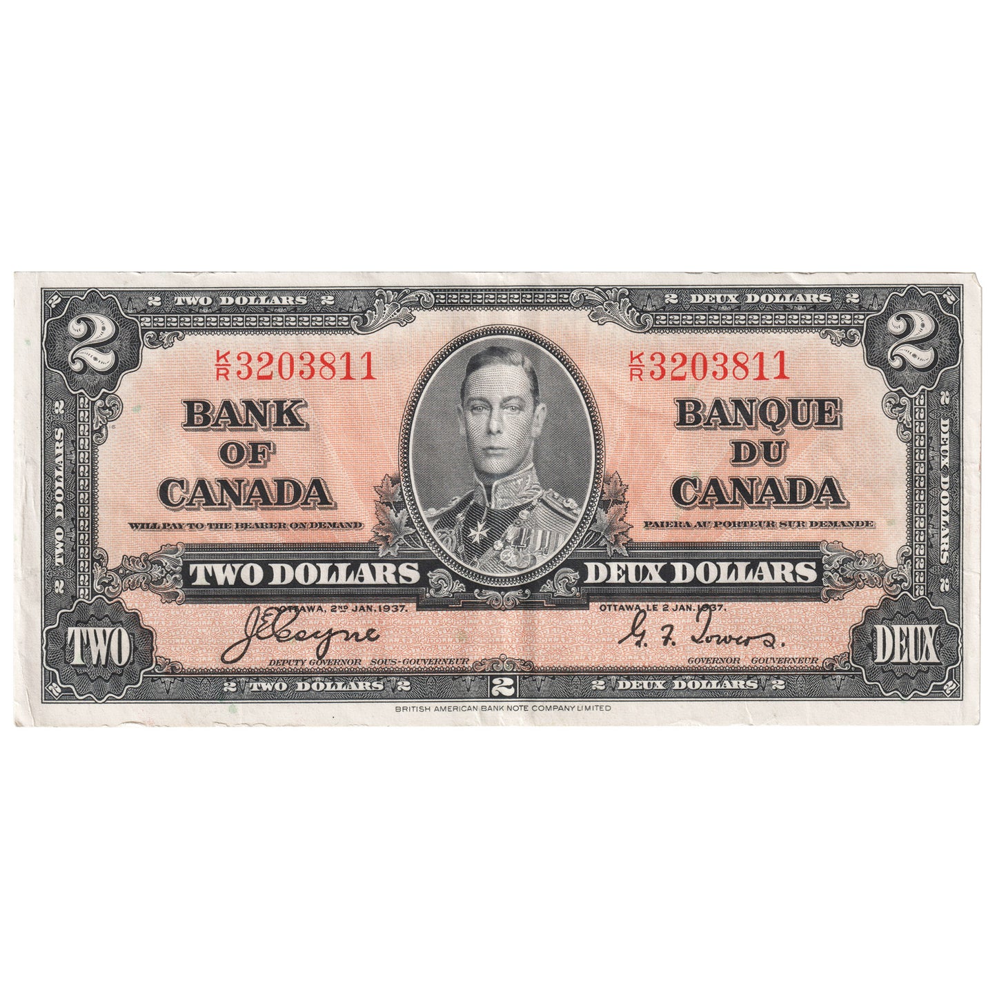 BC-22c 1937 Canada $2 Coyne-Towers, K/R, EF-AU