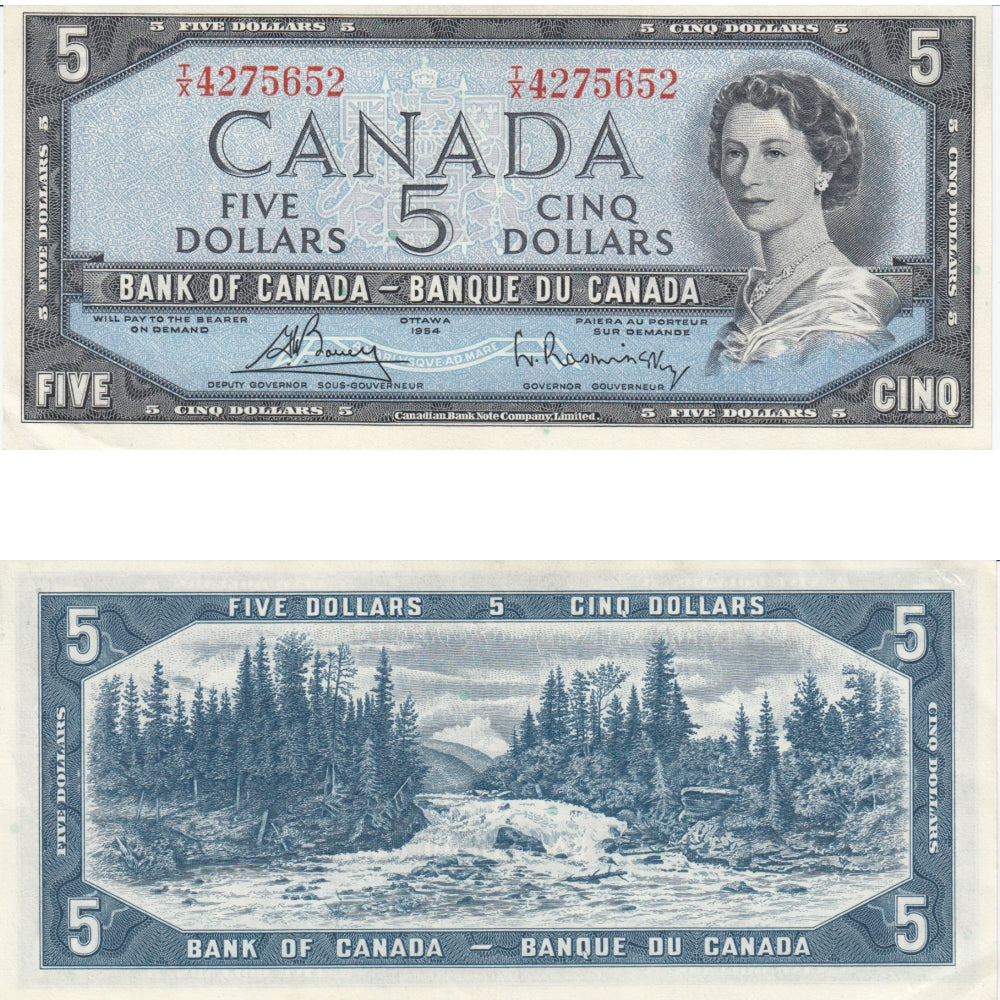 BC-39c 1954 Canada $5 Bouey-Rasminsky, T/X, Almost Uncirculated (AU50)