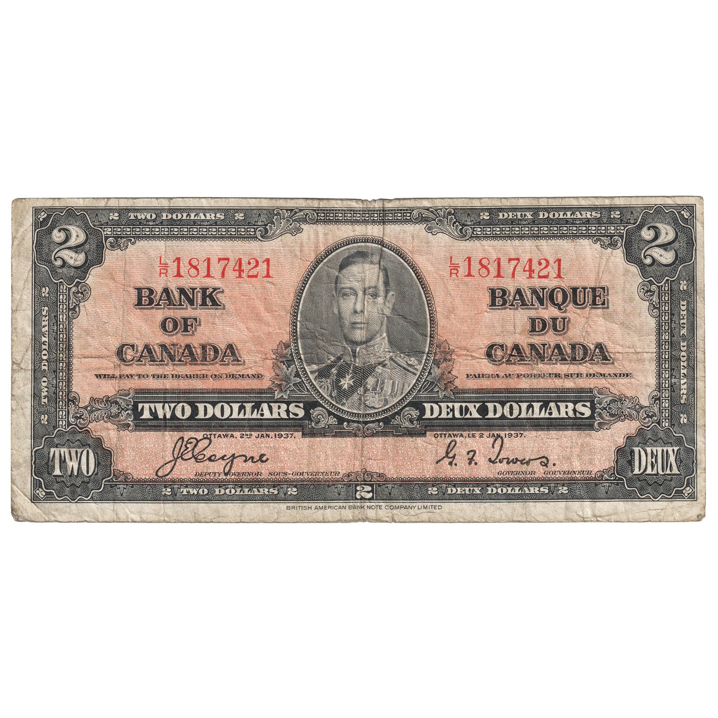 BC-22c 1937 Canada $2 Coyne-Towers, L/R, VG-F