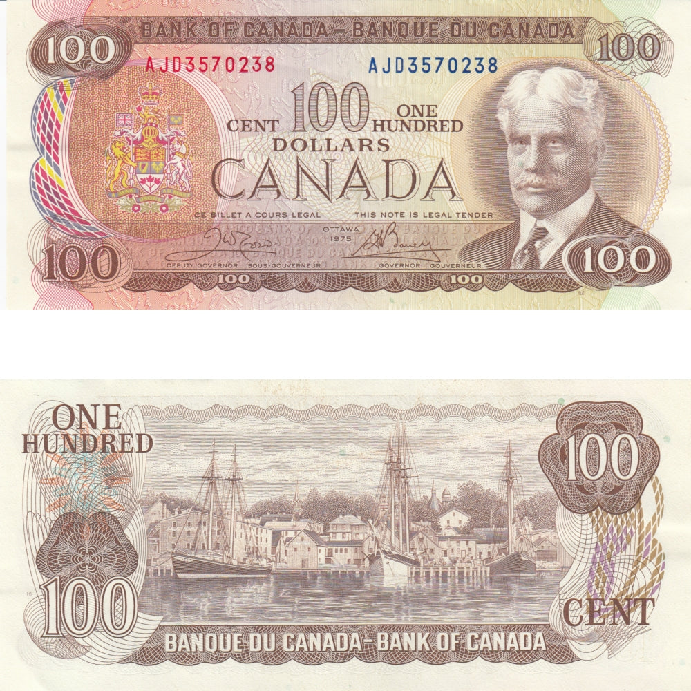 BC-52b 1975 Canada $100 Crow-Bouey, AJD, Almost Uncirculated (AU50)