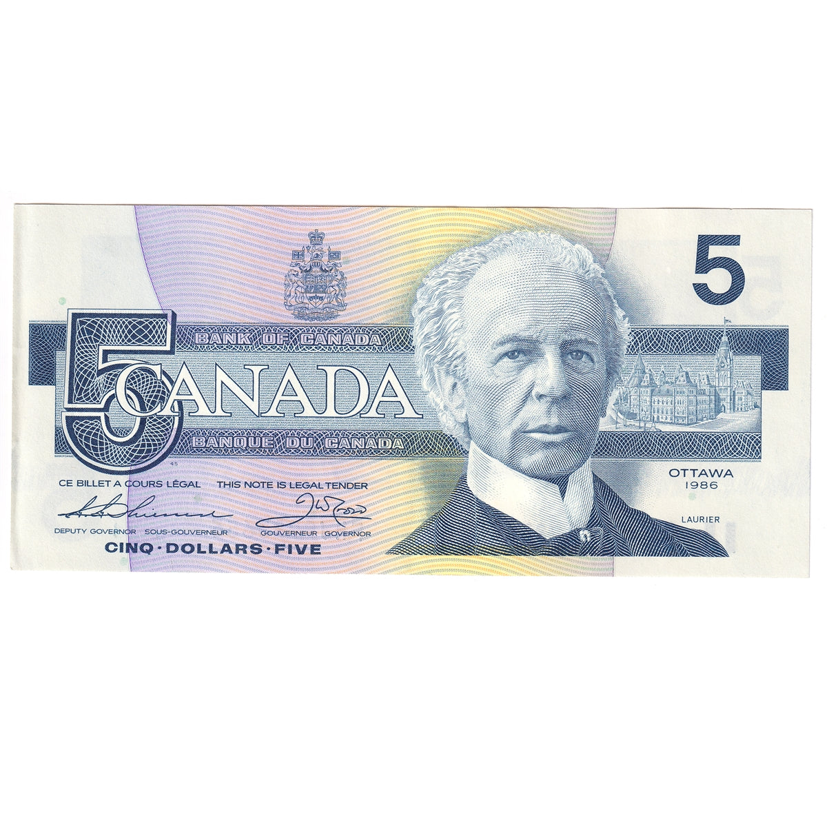 BC-56b 1986 Canada $5 Thiessen-Crow, FNJ, Almost Uncirculated (AU50)