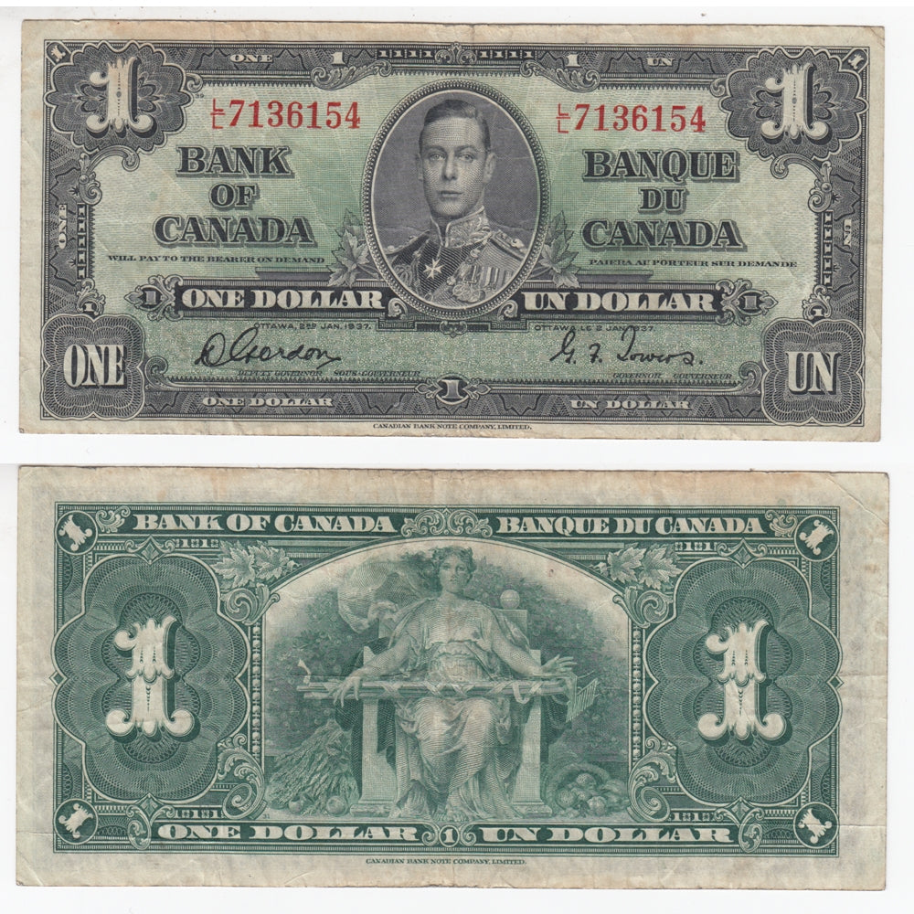 BC-21c 1937 Canada $1 Gordon-Towers, L/L, F-VF