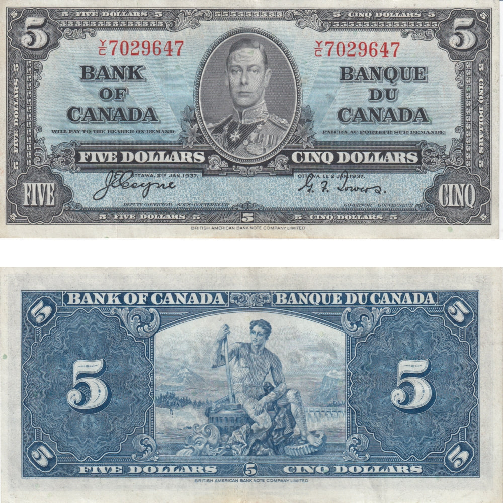 BC-23c 1937 Canada $5 Coyne-Towers, Y/C, VF-EF (VF30)