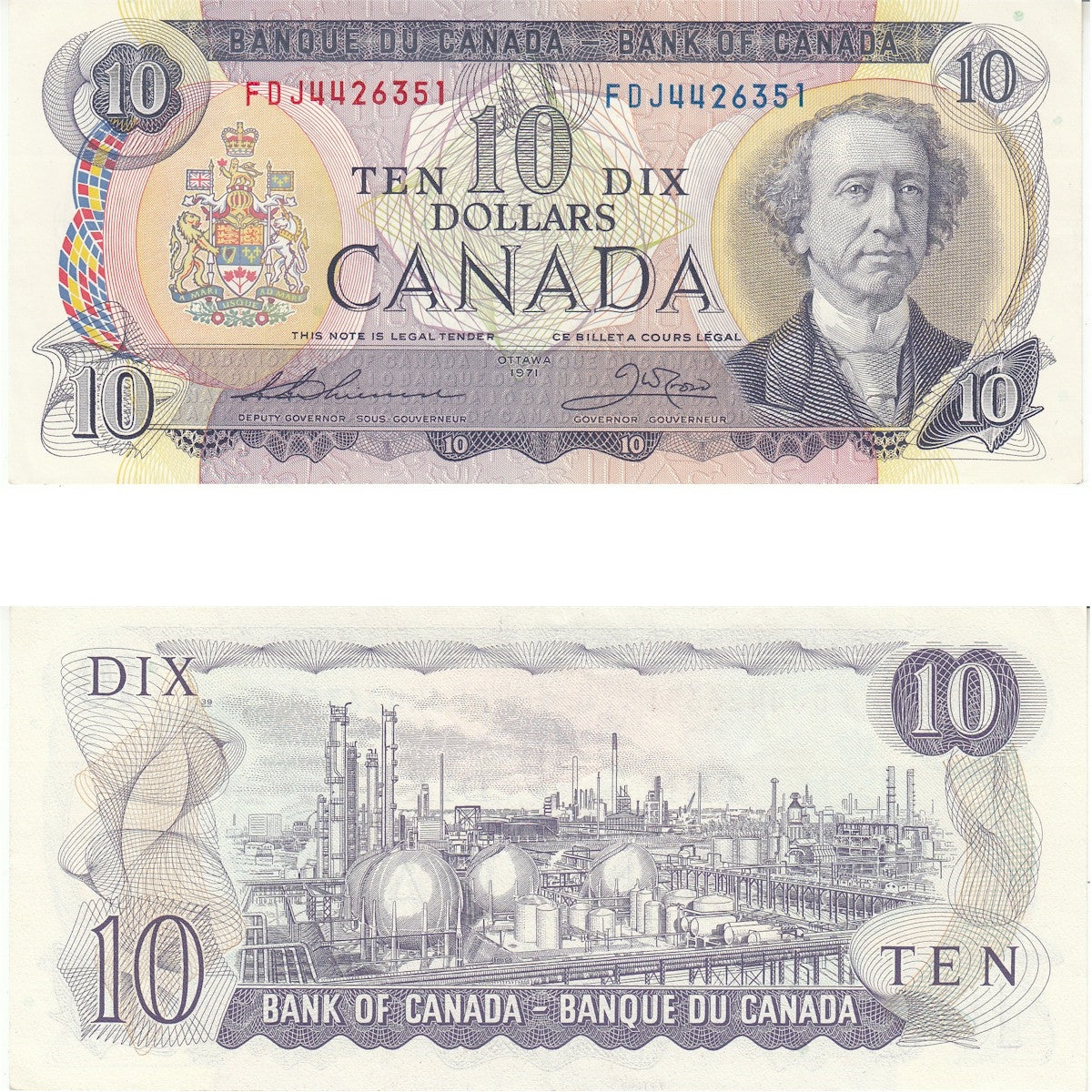 BC-49e 1971 Canada $10 Thiessen-Crow, FDJ, Almost Uncirculated (AU50)