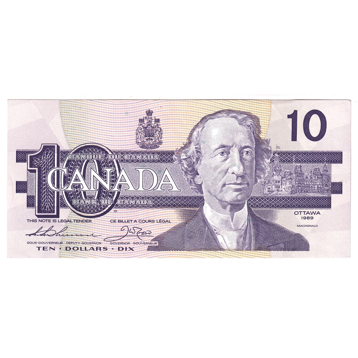BC-57a 1989 Canada $10 Thiessen-Crow, ATA, Almost Uncirculated (AU50)