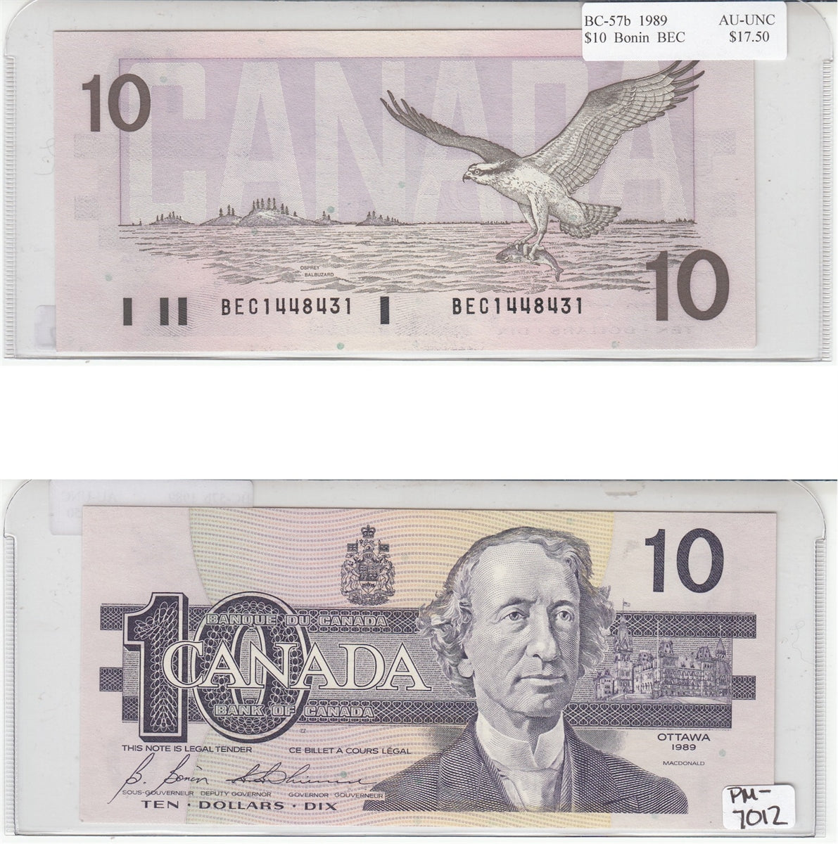 BC-57b 1989 Canada $10 Bonin-Thiessen, BEC, AU-UNC (AU55)