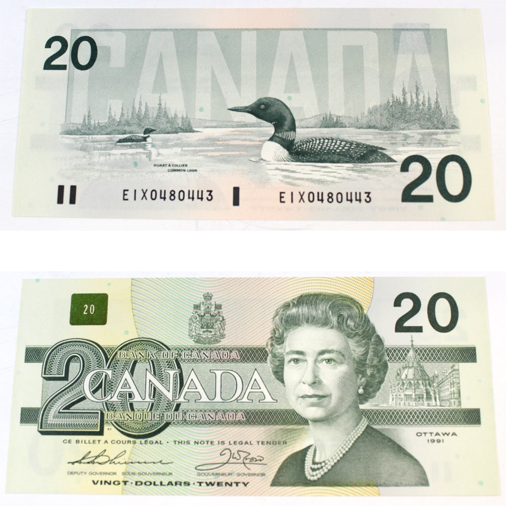 BC-58aA 1991 Canada $20 Thiessen-Crow, EIX w/o Serifs, Almost Uncirculated (AU50)