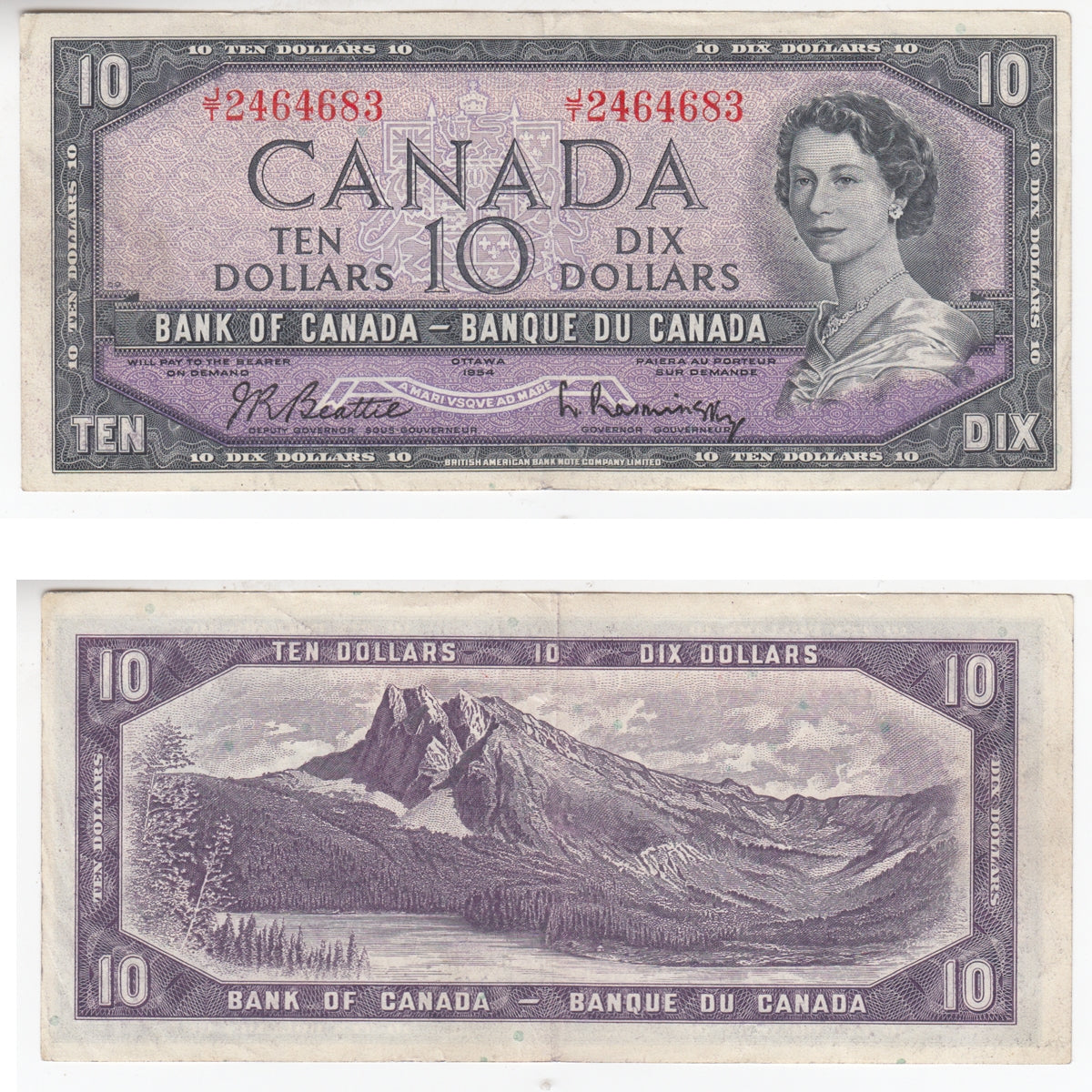 BC-40b 1954 Canada $10 Beattie-Rasminsky, J/T, EF-AU (EF45)