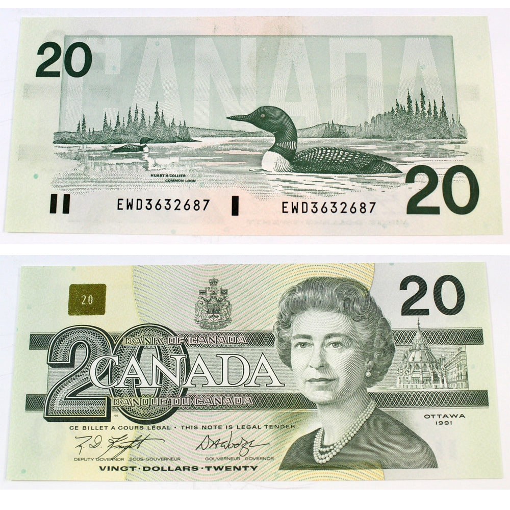 BC-58d 1991 Canada $20 Knight-Dodge, EWD, Choice Uncirculated (CUNC63)