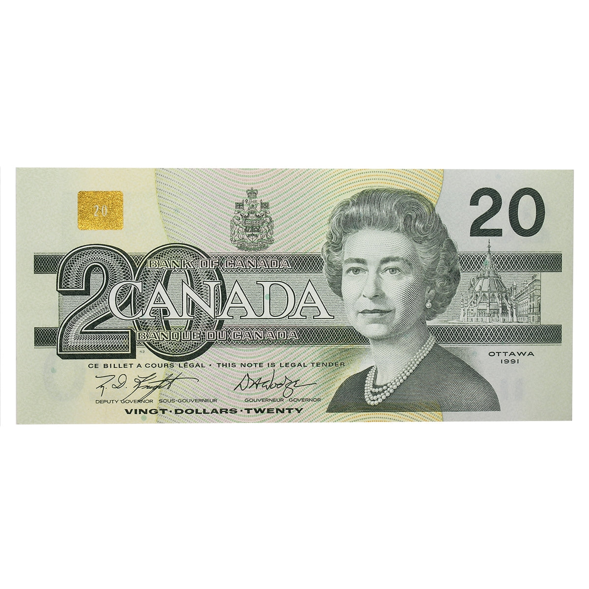 BC-58d 1991 Canada $20 Knight-Dodge, EVV, Almost Uncirculated (AU50)