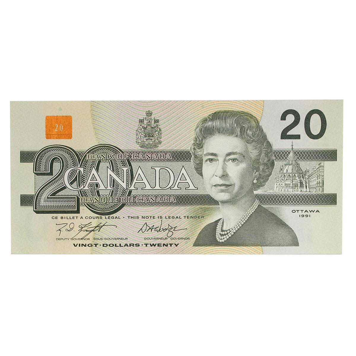 BC-58d 1991 Canada $20 Knight-Dodge, EWD, Almost Uncirculated (AU50)