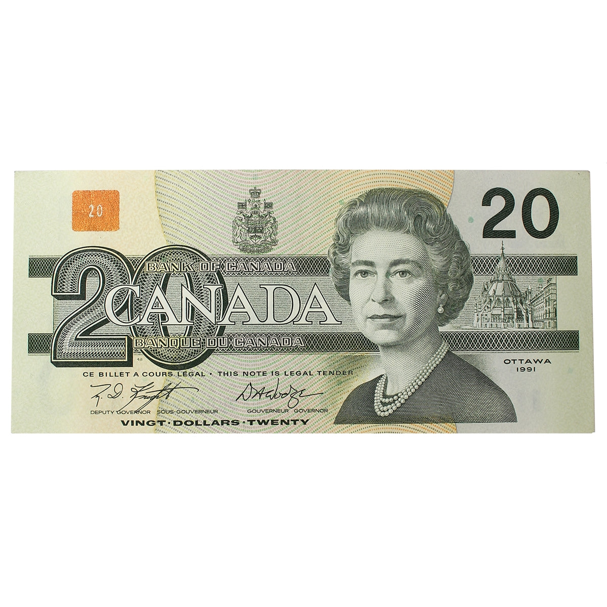 BC-58d 1991 Canada $20 Knight-Dodge, EWF, Almost Uncirculated (AU50)