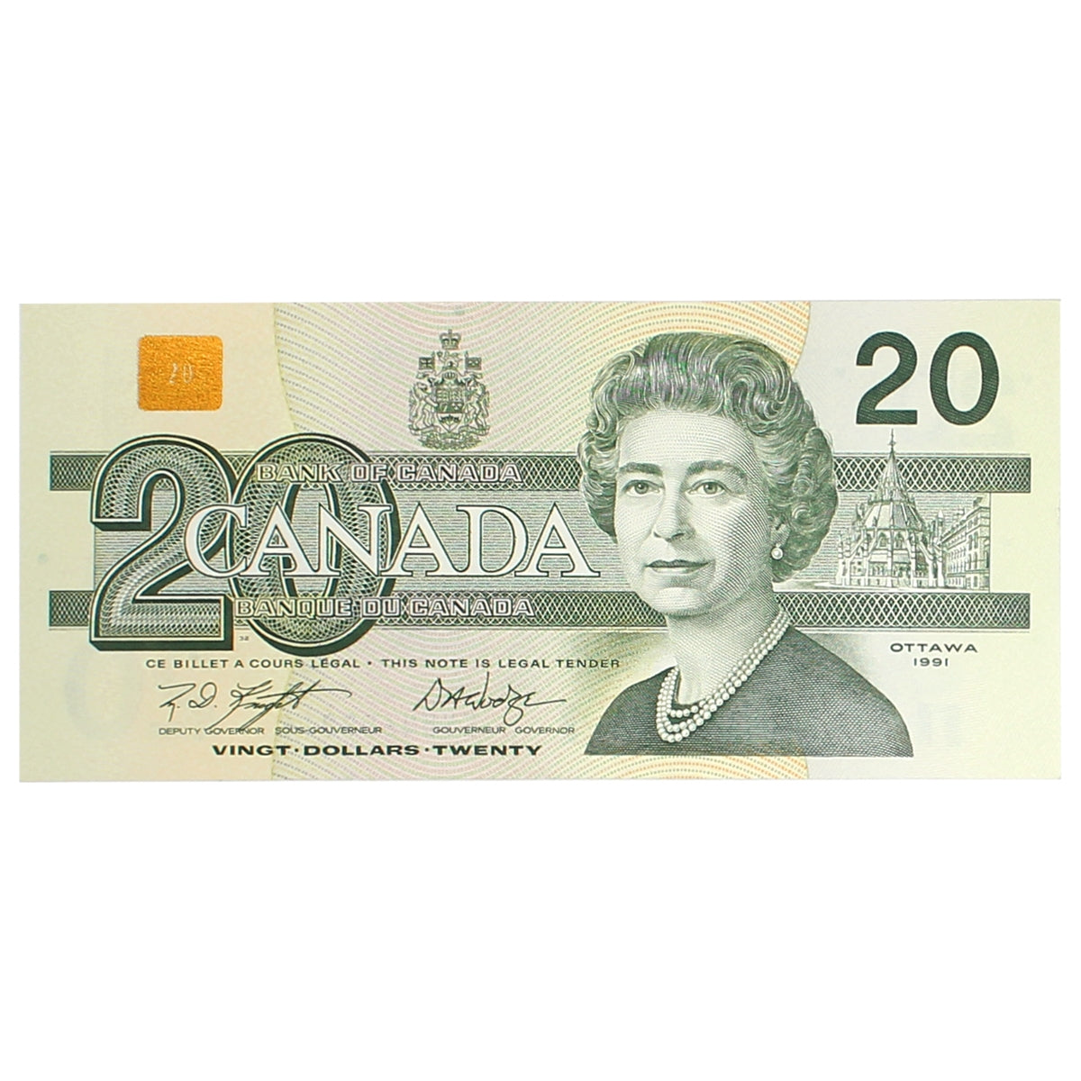BC-58d 1991 Canada $20 Knight-Dodge, EYB, Almost Uncirculated (AU50)