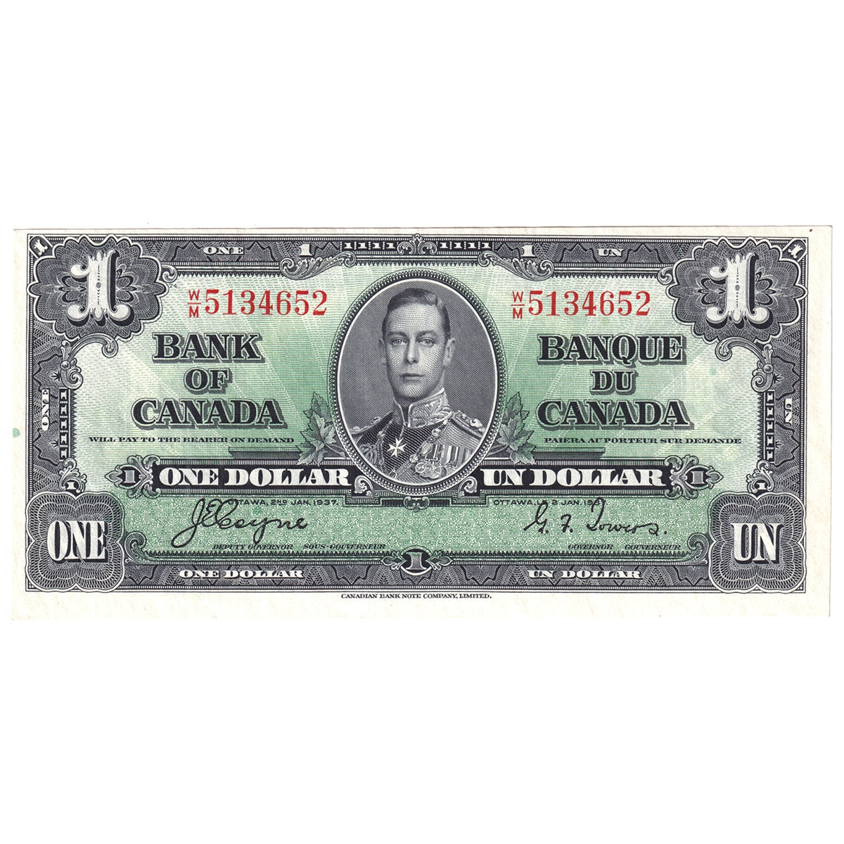 BC-21d 1937 Canada $1 Coyne-Towers, W/M, AU-UNC