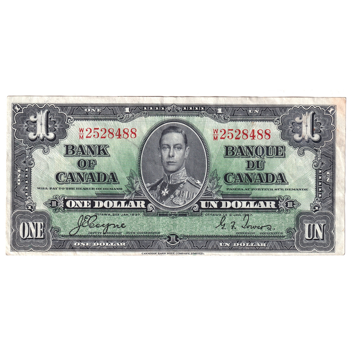 BC-21d 1937 Canada $1 Coyne-Towers, W/M, EF-AU